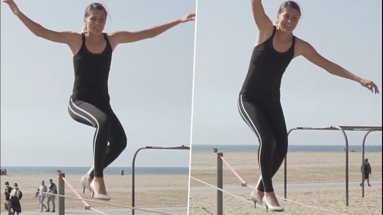 Most Bum Bounces in High Heels World Record: US Woman Olga Henry Holds Guinness World Record For 25 Bum Bounces in High Heels on a Slackline (Watch Video)