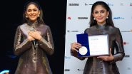 Mrunal Thakur Dazzles in a High-Neck Collar Metallic Dress As She Attends IFFA 2023 To Receive the Best Film Award for &rsquo;Sita Ramam&rsquo; (See Pics)
