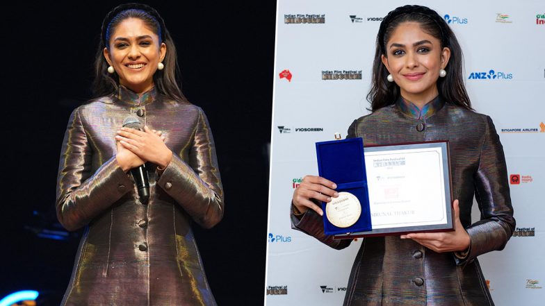 Mrunal Thakur Dazzles in a High-Neck Collar Metallic Dress As She Attends IFFA 2023 To Receive the Best Film Award for ’Sita Ramam’ (See Pics)