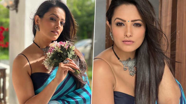 Anita Hassanandani Looks Gorgeous in Striped Blue Saree and Oxidised Jewellery (See Pics)