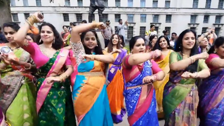 National Handloom Day 2023 Celebration in UK: 700 Women Donning Traditional Attires Dance to Oscar-Winning Song Naatu Naatu in London Streets (Watch Video)