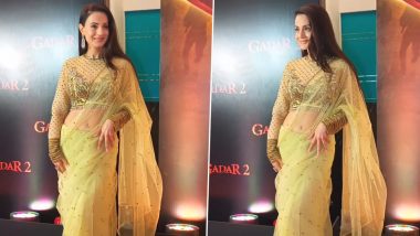 Ameesha Patel Shines in Embellished Golden-Yellow Saree at Gadar 2 Success Party (See Video)