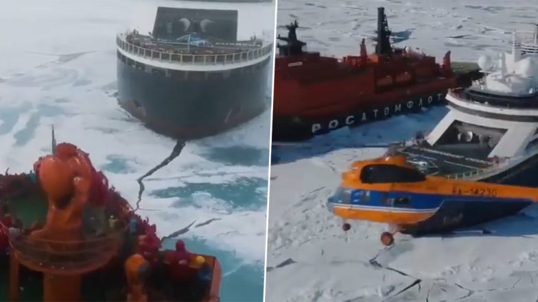 Russian Nuclear Icebreaker ‘50 Let Pobedy’ and French Cruise Ship ’Le Commandant Charcot' Cross Path at North Pole, Spectacular Video Surfaces