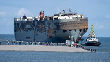 Netherlands Tows Burnt-out Car Freighter to Port