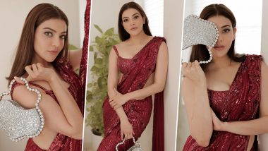 Kajal Aggarwal Dazzles in Shimmery Red Saree With Matching Sleeveless Blouse (See Pics)