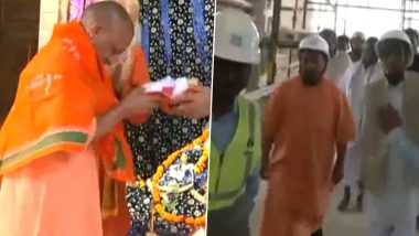 UP CM Yogi Adityanath Offers Prayers to Lord Ram, Takes Stock of Ram Temple Construction in Ayodhya (Watch Video)
