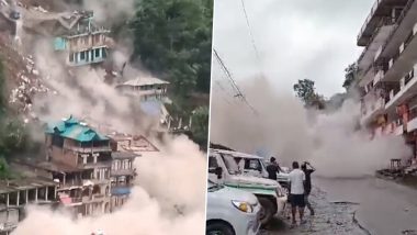 Himachal Pradesh Landslide: Several Houses Collapse As Massive Landslide Hits Anni Town of Kullu District (Watch Video)