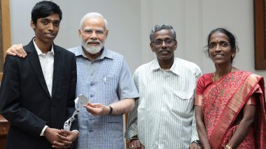 PM Narendra Modi Meets Chess Prodigy R Praggnanandhaa, Who Won Silver Medal in FIDE World Cup, Says ‘Proud of You’ (See Pics)