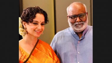 Chandramukhi 2: Kangana Ranaut Poses With Her 'Absolute Favourite' MM Keeravani in Stunning Gold Saree During Audio Launch of Upcoming Film (View Pics)