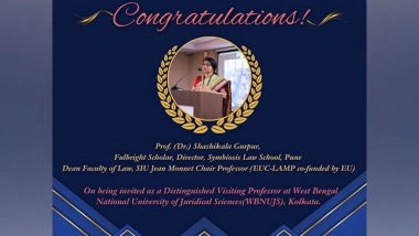 Business News | Symbiosis Law School, Pune Director and Dean Prof. (Dr.) Shashikala Gurpur Extends Expertise to WBNUJS, Kolkata as Distinguished Visiting Professor