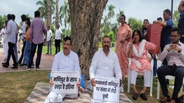 India News | AAP Suspended MPs Protest in Parliament Premises Seeking Discussion on Manipur 