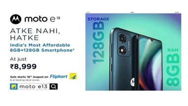 Business News | Motorola Launches Moto E13 with 8GB RAM and 128GB Storage Making It India’s Most Affordable Smartphone with This Memory Configuration at Just Rs. 8,999