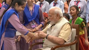 Rakhi to PM Modi Video: Delhi Schoolgirls Tie Rakhis to Prime Minister on Raksha Bandhan