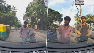 Bengaluru Road Rage Video: Two Bike-Borne Men Chase Car With Family in Siddapura Area, Pelt Stones at Vehicle and Try to Break Its Windows; Act Caught on Camera