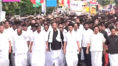 M Karunanidhi Death Anniversary 2023: Tamil Nadu CM MK Stalin Leads DMK's Peace March to Karunanidhi Memorial in Marina Beach
