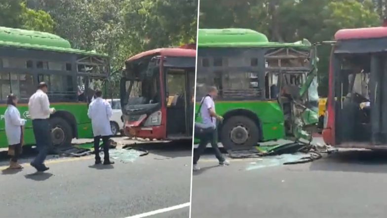 DTC Bus Accident Video: Two Buses of Delhi Transport Corporation Collide With Each Other at Sansad Marg