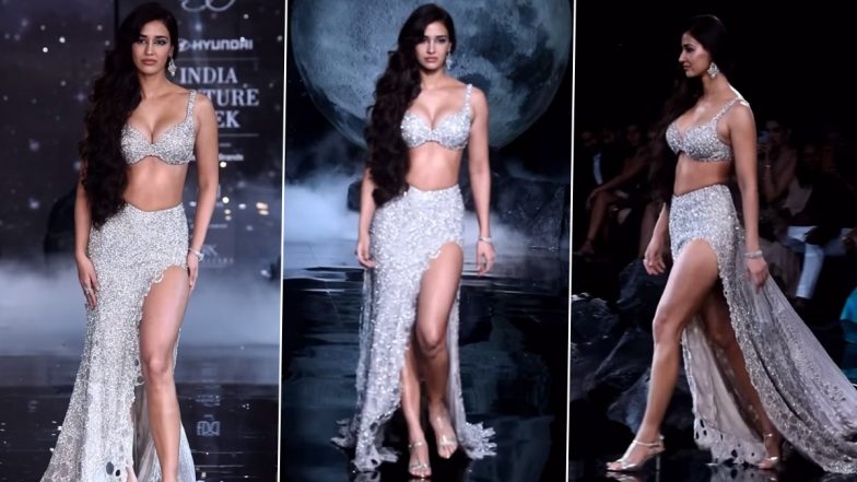 Disha Patani Sizzles in Shimmery Bralette and Thigh-High Slit Skirt at India Couture Week 2023 (Watch Video)