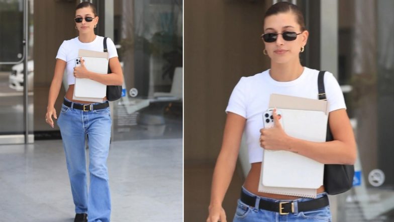 Hailey Bieber Spotted in White Crop Top and Low-Rise Jeans Amidst ...