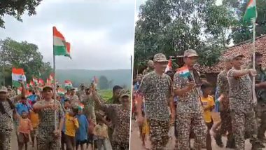 Independence Day 2023 Celebrations in Chhattisgarh: ITBP Personnel, Local Villagers and Children Hold 'Har Ghar Tiranga' Rally in Rajnandgaon Villages (Watch Video)