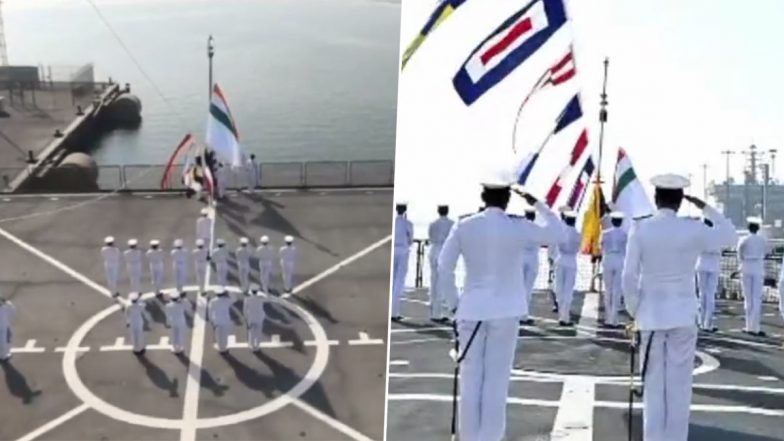 Tiranga Hoisted in Bahrain Video: Indian Navy Personnel Hoist and Salute Tricolour Onboard INS Visakhapatnam and INS Deepak in Manama on 77th Independence Day