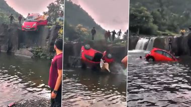 Madhya Pradesh: Car Falls Into Waterfall in Indore, Father-Daughter Saved by Fellow Picnickers; Video Goes Viral