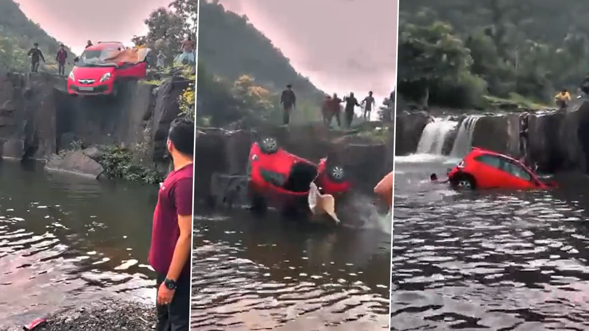 Viral Video: Car Falls Into Waterfall in Indore, Father-Daughter Saved by Fellow Picnickers