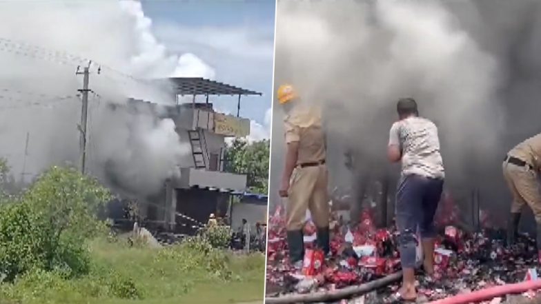 Karnataka Fire Video: Massive Blaze Erupts at Firecracker Shop in Aladakatti Village of Haveri, Viral Clip Shows Black Smoke Covering Skies