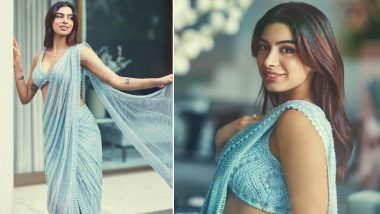 Khushi Kapoor Exudes Glamour in Iceblue Saree Paired With Sexy Bralette Blouse (View Pics)