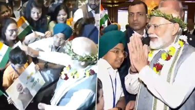 PM Narendra Modi Gifted Greek Headdress, Accorded Warm Welcome by Indian Diaspora in Athens (Watch Video)