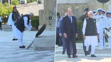 PM Narendra Modi Lays Wreath at Tomb of the Unknown Soldier in Athens (Watch Video)