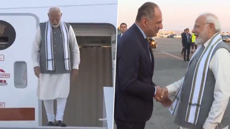 PM Modi Greece Visit: Prime Minister Narendra Modi Arrives in Athens, Gets Welcomed by Greek Foreign Minister George Gerapetritis (Watch Video)