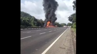 Palghar Truck Fire Video: Vehicle Catches Fire on Mumbai-Ahmedabad Highway; No Casualty, Traffic Hit on Busy Route