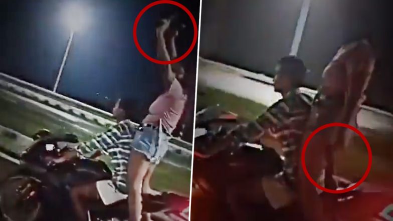 Girl Waves Gun in Bihar Video: Youth Riding Pillion Performs Dangerous Stunt on Bike, Wields Guns in Both Hands on Patna's 'Marine Drive'; Viral Clip Surfaces