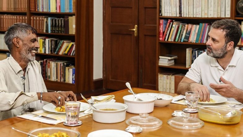 Rahul Gandhi Hosts Lunch for Rameshwar, Vegetable Vendor Whose ‘Paisa Nahi Hai’ Emotional Video Went Viral; Calls Him 'Lively Person' (See Pics)