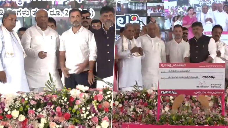 Gruha Lakshmi Yojana Launched Video: Karnataka Government Launches Gruha Lakshmi Scheme in Mysuru; Rahul Gandhi Transfers Amount Into Bank Accounts Through DBT