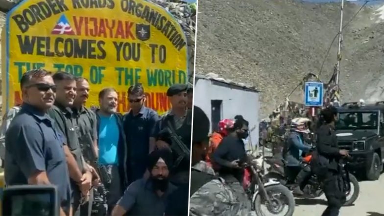 Rahul Gandhi Ladakh Bike Trip Video: Congress Leader Stops at Khardung La, Poses for Pictures With His Entourage