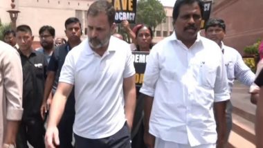 Rahul Gandhi Leads Opposition Front INDIA Protest Over Suspension of LoP Adhir Ranjan Chowdhury (Watch Video)