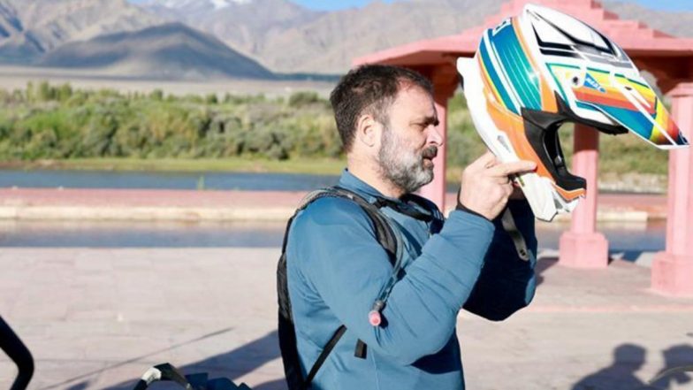 Rahul Gandhi Rides His Bike From Leh to Pangong Lake, Remembers His Late Father Rajiv Gandhi’s Words (See Pics)