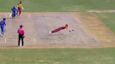 What a Catch! Roston Chase Pulls Off Stunner To Dismiss Tilak Varma During IND vs WI 5th T20I 2023 (Watch Video)