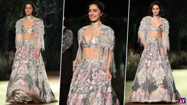 India Couture Week 2023: Shraddha Kapoor Turns Showstopper for Rahul Mishra! Stree Actress Looks Magnificent in Grey-Pink Lehenga and Cape at the Show (View Pics and Video)