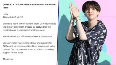 BTS' Suga Initiates Military Enlistment Process, BigHit Reveals Rapper Applied for Termination of Postponement in New Statement (View Post)