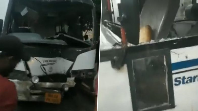 Thane Bus Accident Video: Six People Injured After Bus Meets With an Accident on Patli Pada Bridge