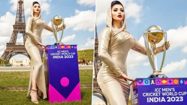 Urvashi Rautela Unveils ICC Cricket World Cup 2023 Trophy at Eiffel Tower in Paris (View Pic)