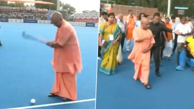 Yogi Adityanath Playing Hockey Video: Uttar Pradesh CM Tries His Hand at Hockey During an Event in Jhansi