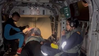 Indian Coast Guard Pulls Off Daring Operation Amidst Challenging Weather Conditions, Evacuates Chinese National From Research Vessel After He Complains of Chest Pain (Watch Video)