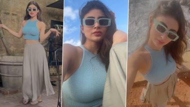Mouni Roy Looks Stunning in a Blue Crop Top and Flowy Skirt As She Poses Against a Sunset Backdrop (View Pics)