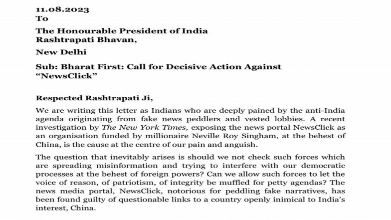 NYT Report on Chinese Funding: Over 250 Eminent Citizens Write to President, CJI for Strong Action Against NewsClick