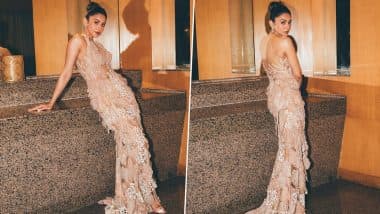 Rakul Preet Singh Looks Glamorous in Beige and White Sheer Leaf Design Gown (View Pics)