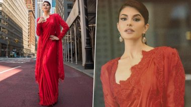 Jacqueliene Fernandez Looks Regal In Red Saree Adorned with Lace Borders (View Pics)