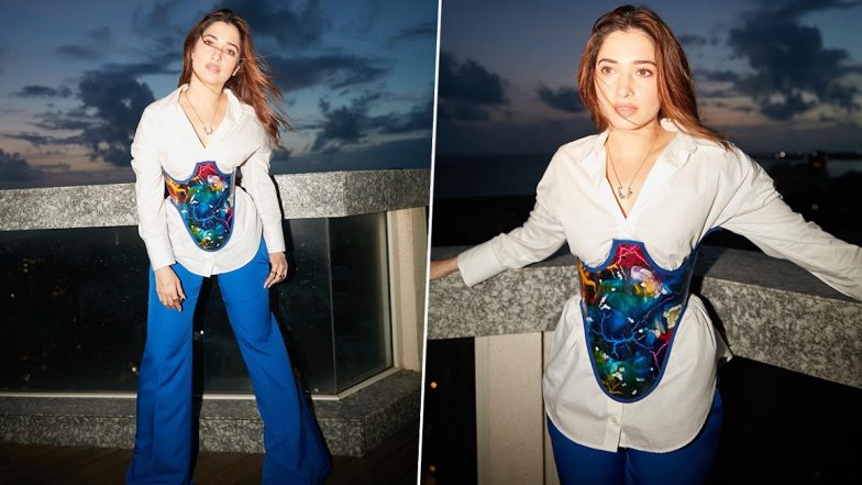 Tamannaah Bhatia Is A Total Stunner in White Shirt and Blue Pants Paired With Corset Waist Belt (View Pics)